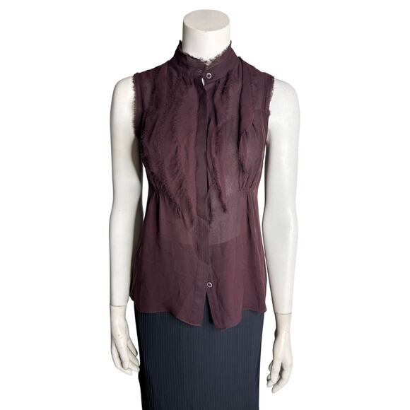 Vince Blouse Women's 2 100% Silk Plum Sleeveless Buttoned Distressed Trim - Picture 5 of 5